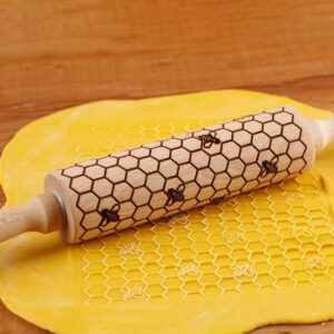 Rouleau à pâtisserie gravé motif alvéoles et abeilles